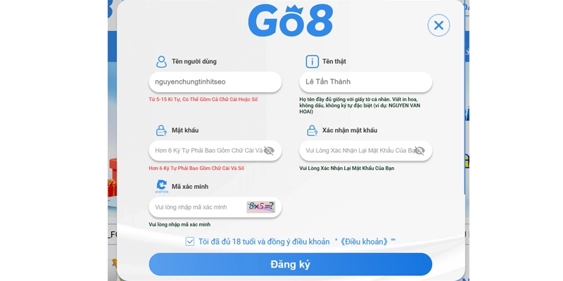 Điền đầy đủ thông tin vào form đăng ký Go8